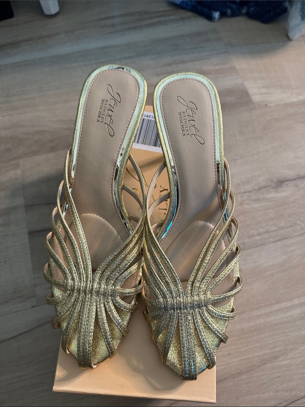 Jewel Badgley Mischka Metallic Gold Strappy Slide Heels